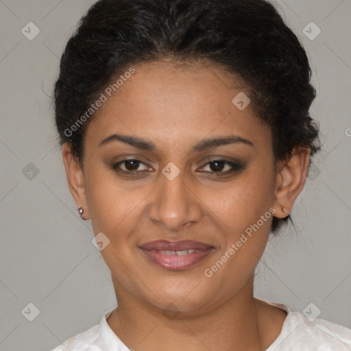 Joyful latino young-adult female with short  brown hair and brown eyes