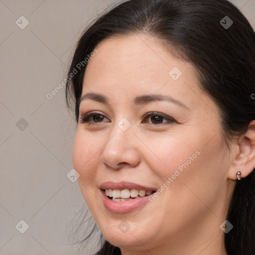 Joyful white young-adult female with long  brown hair and brown eyes