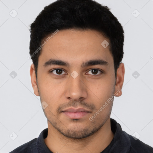 Neutral latino young-adult male with short  black hair and brown eyes