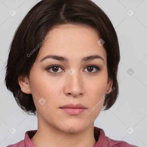 Neutral white young-adult female with medium  brown hair and brown eyes