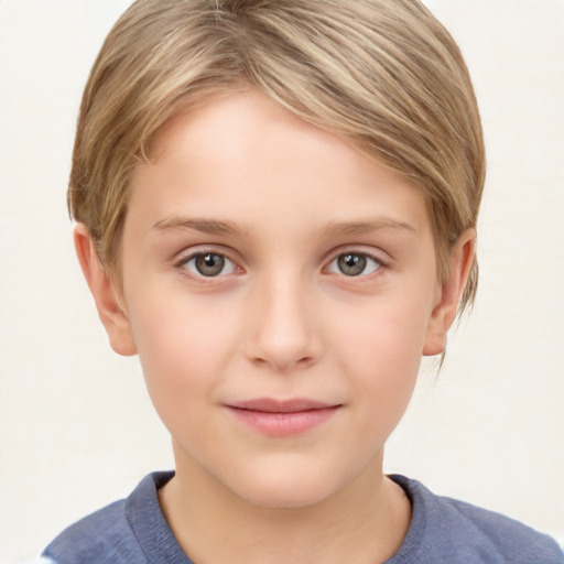 Joyful white child female with medium  brown hair and grey eyes