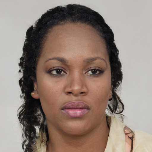 Neutral black young-adult female with long  brown hair and brown eyes
