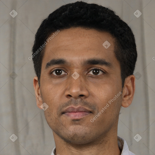 Neutral latino young-adult male with short  black hair and brown eyes