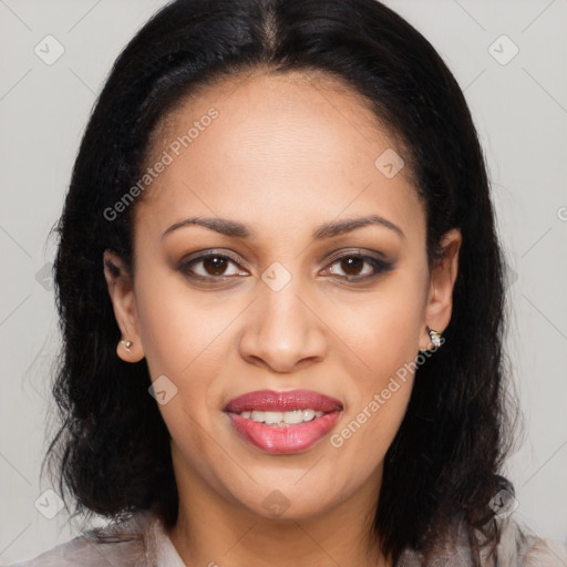 Joyful latino young-adult female with medium  brown hair and brown eyes