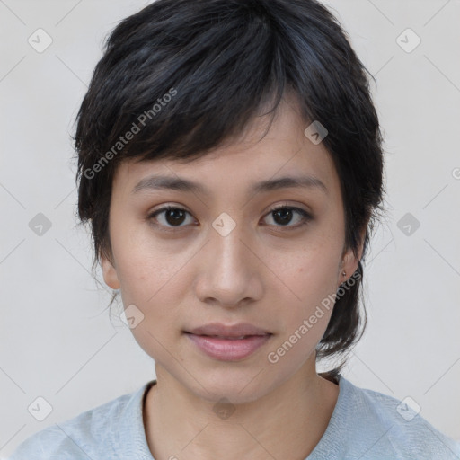 Neutral white young-adult female with medium  brown hair and brown eyes