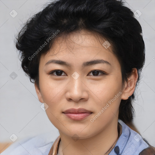 Joyful asian young-adult female with medium  black hair and brown eyes