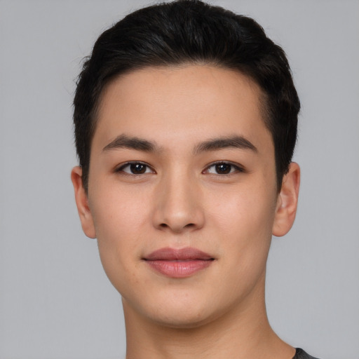 Neutral asian young-adult male with short  brown hair and brown eyes