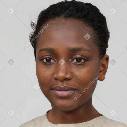 Neutral black young-adult female with short  black hair and brown eyes