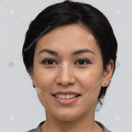 Joyful white young-adult female with medium  black hair and brown eyes