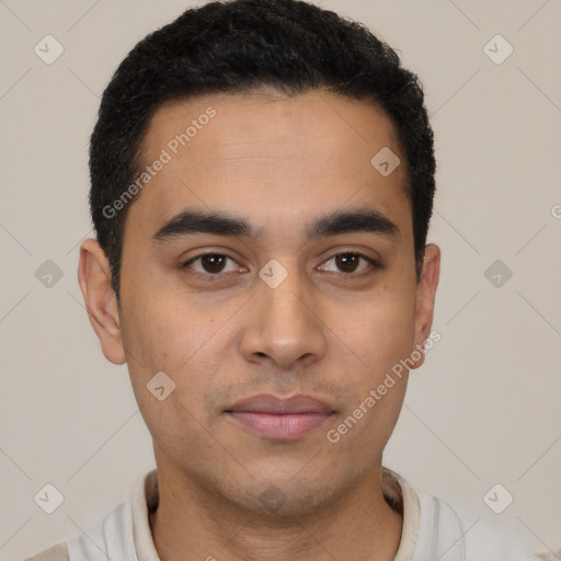 Neutral latino young-adult male with short  black hair and brown eyes