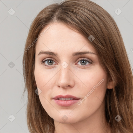 Neutral white young-adult female with long  brown hair and grey eyes