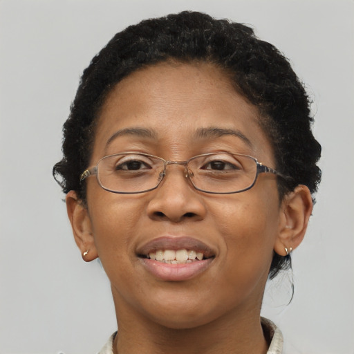 Joyful black adult female with short  brown hair and brown eyes