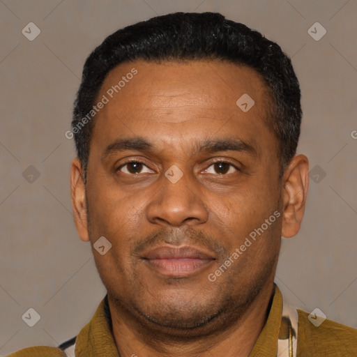 Neutral latino adult male with short  black hair and brown eyes