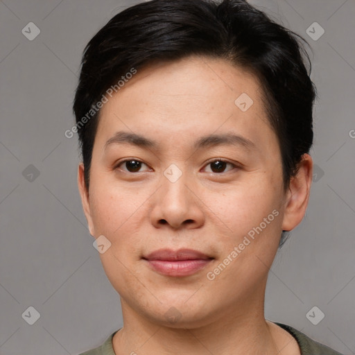 Joyful asian young-adult female with short  brown hair and brown eyes