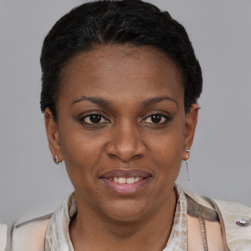 Joyful black young-adult female with short  black hair and brown eyes