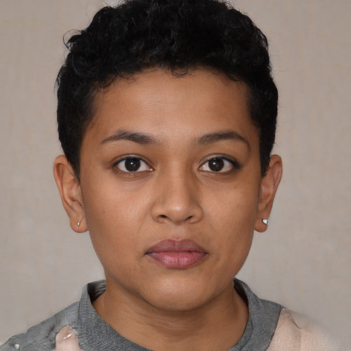 Neutral latino young-adult female with short  black hair and brown eyes