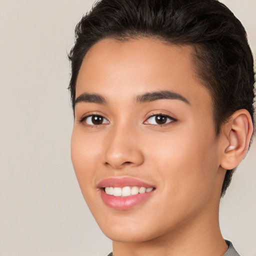 Joyful white young-adult female with short  brown hair and brown eyes