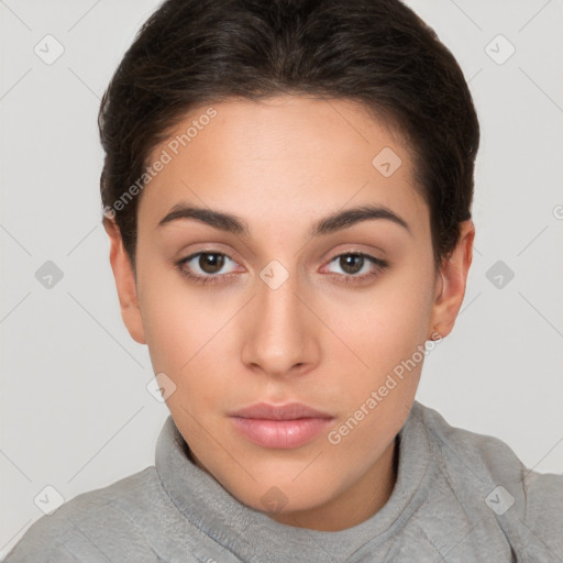 Neutral white young-adult female with short  brown hair and brown eyes