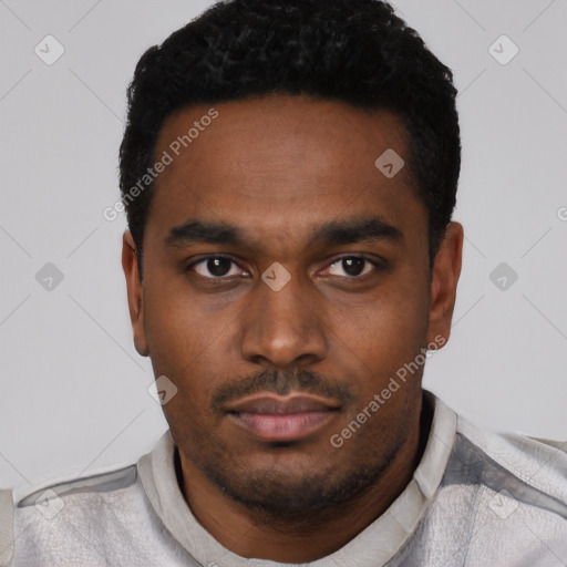 Neutral black young-adult male with short  black hair and brown eyes