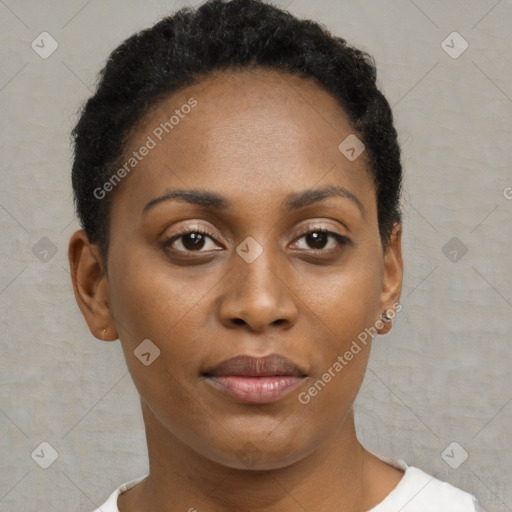 Neutral black young-adult female with short  brown hair and brown eyes