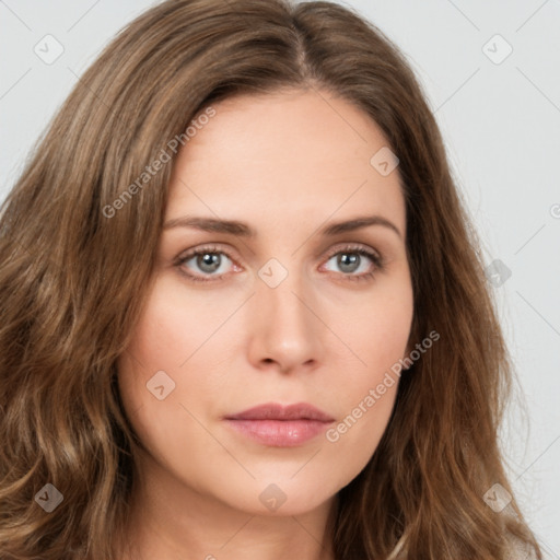 Neutral white young-adult female with long  brown hair and brown eyes