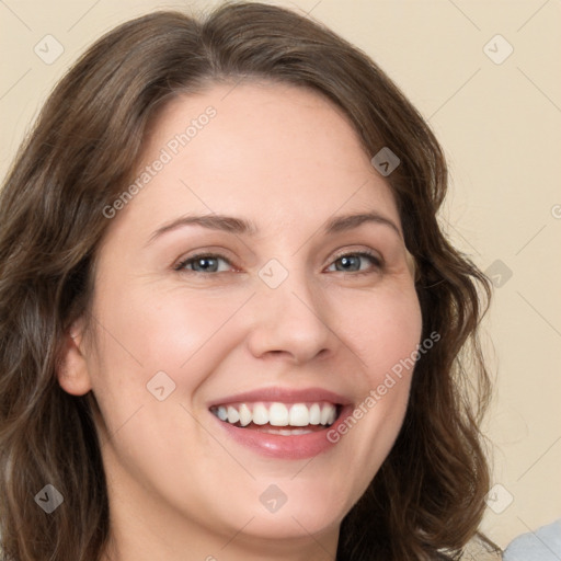 Joyful white young-adult female with medium  brown hair and green eyes