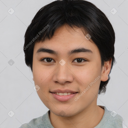 Joyful asian young-adult female with short  brown hair and brown eyes