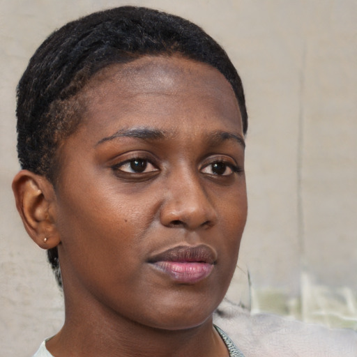 Neutral black young-adult female with short  brown hair and brown eyes