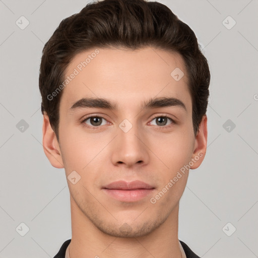 Neutral white young-adult male with short  brown hair and brown eyes