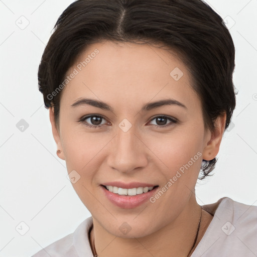 Joyful white young-adult female with medium  brown hair and brown eyes