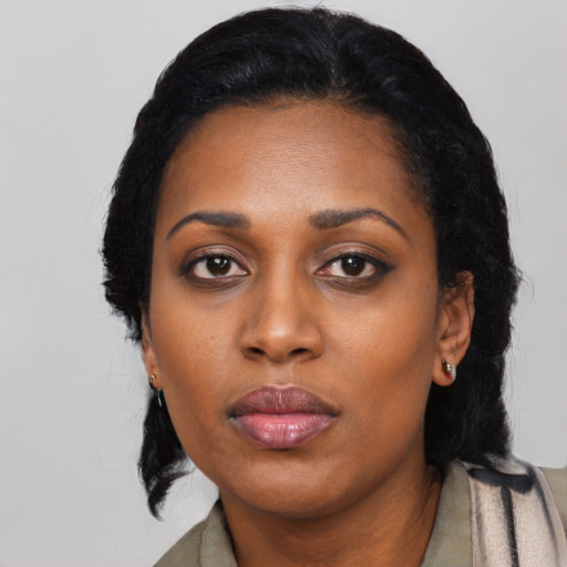 Neutral black adult female with long  black hair and brown eyes