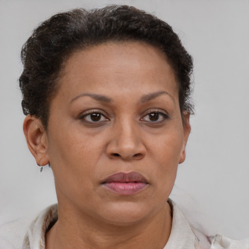 Joyful latino adult female with short  brown hair and brown eyes
