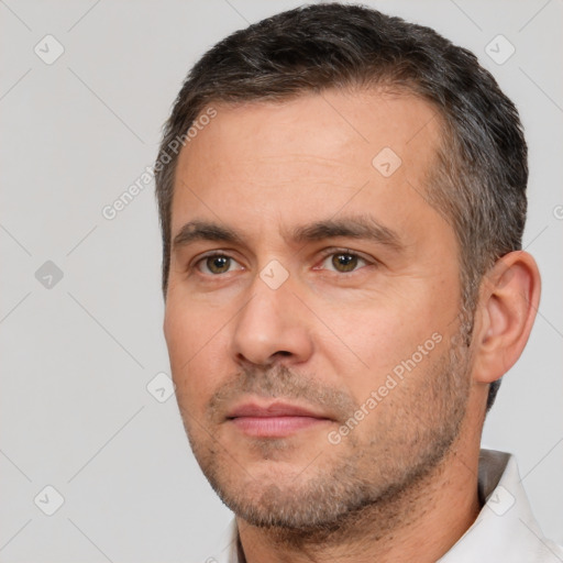 Neutral white adult male with short  brown hair and brown eyes