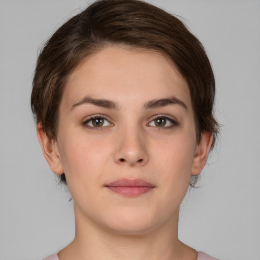 Neutral white young-adult female with medium  brown hair and brown eyes