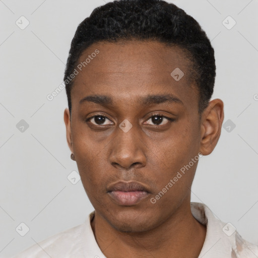 Neutral black young-adult male with short  black hair and brown eyes