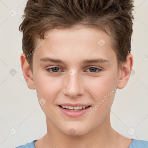 Joyful white child female with short  brown hair and brown eyes