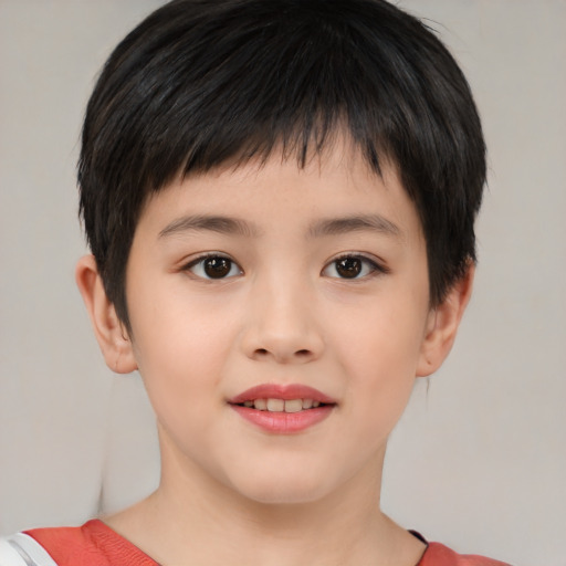 Joyful asian child male with short  brown hair and brown eyes