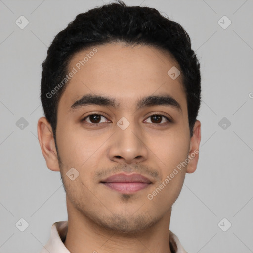 Neutral latino young-adult male with short  black hair and brown eyes