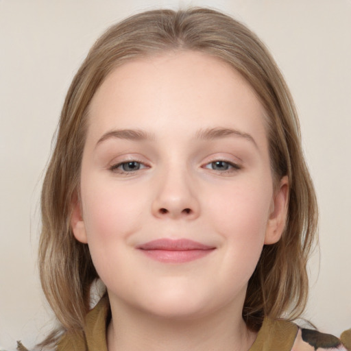 Joyful white child female with medium  brown hair and grey eyes