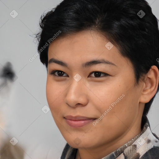 Joyful asian young-adult female with medium  brown hair and brown eyes