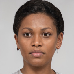 Neutral black young-adult female with short  brown hair and brown eyes