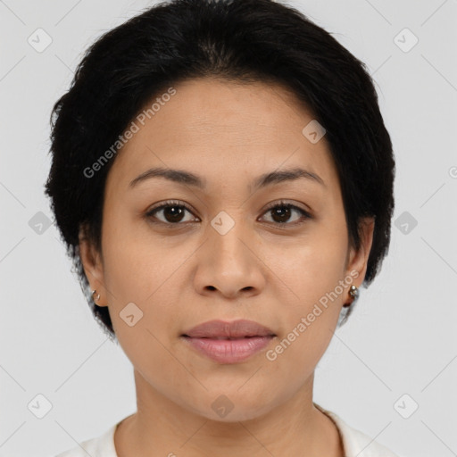 Joyful latino young-adult female with medium  brown hair and brown eyes