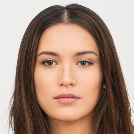 Neutral asian young-adult female with long  brown hair and brown eyes