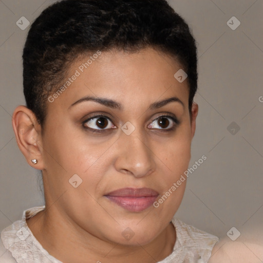 Joyful latino young-adult female with short  brown hair and brown eyes