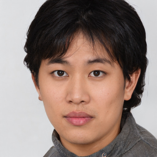 Neutral asian young-adult female with short  brown hair and brown eyes
