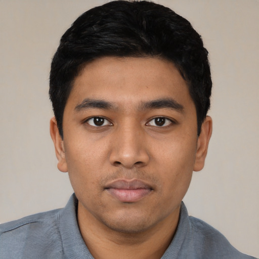 Neutral asian young-adult male with short  black hair and brown eyes