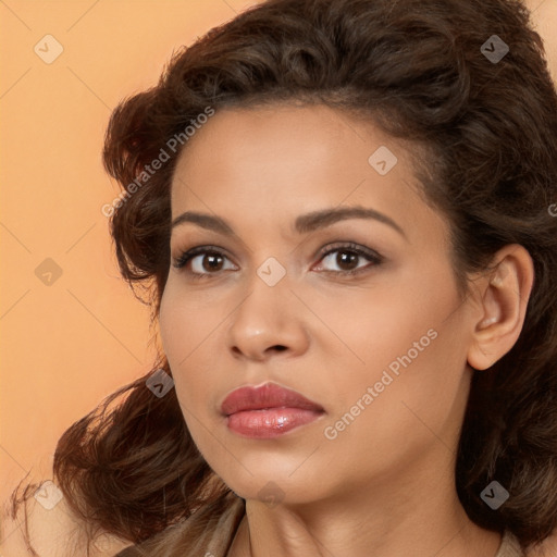 Neutral white young-adult female with long  brown hair and brown eyes