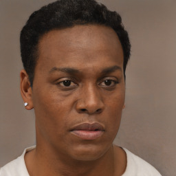 Neutral black young-adult male with short  black hair and brown eyes