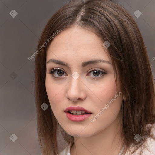 Neutral white young-adult female with medium  brown hair and brown eyes