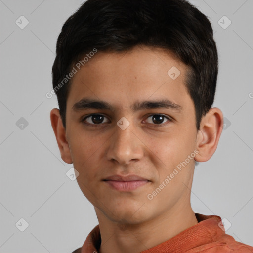 Neutral white young-adult male with short  brown hair and brown eyes
